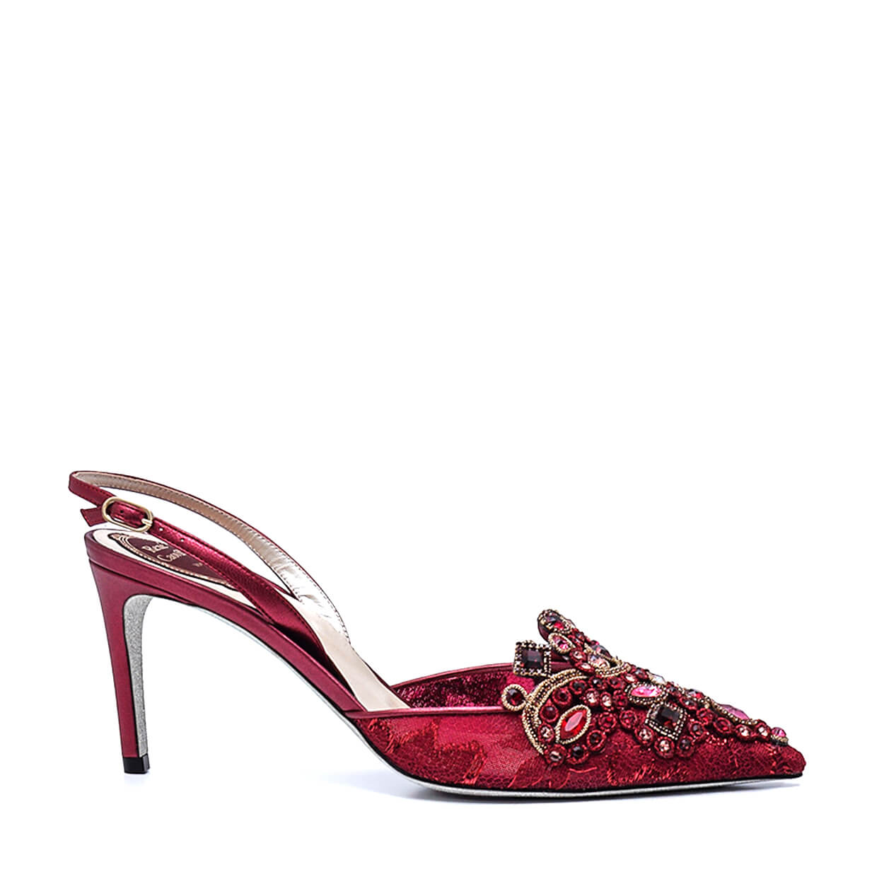 Rene Caovilla - Burgundy Crystal Embellished Lace and Leather Slingback Pumps 39